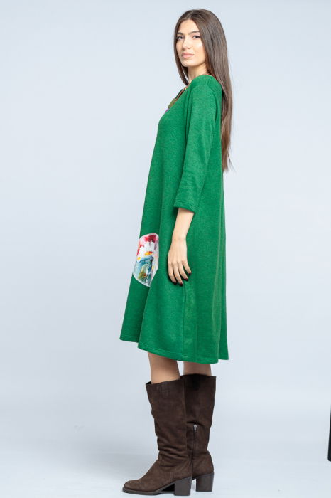 Rochie `A line` midi, din jerseu moale cu aplicatie flori, verde smarald [2]