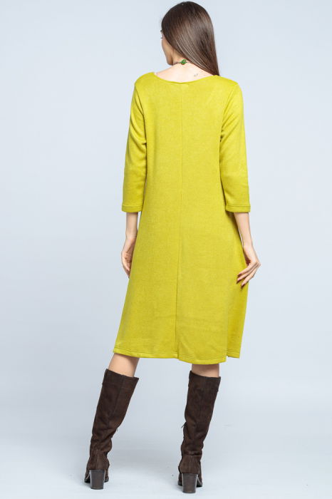 Rochie `A line` midi, din jerseu moale cu aplicatie pana, mustar [3]