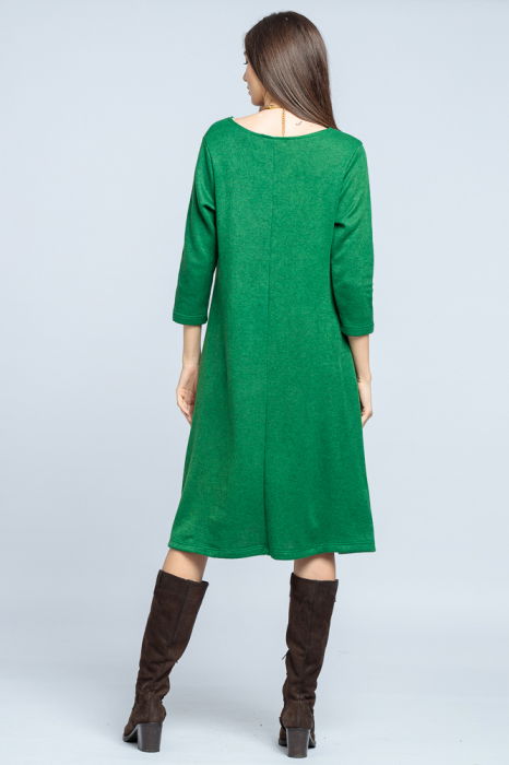 Rochie `A line` midi, din jerseu moale cu aplicatie flori, verde smarald [3]