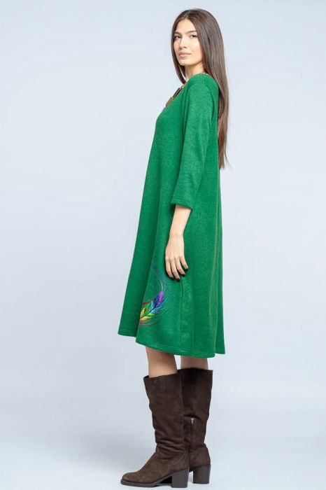 Rochie `A line` midi, din jerseu moale cu imprimeu lateral pana, verde [2]