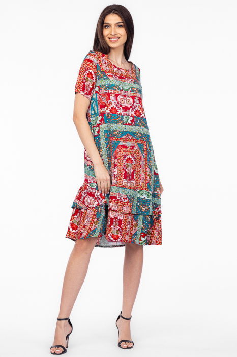 Rochie `A line` midi, din vascoza cu imprimeu aztec si doua volane poale [1]
