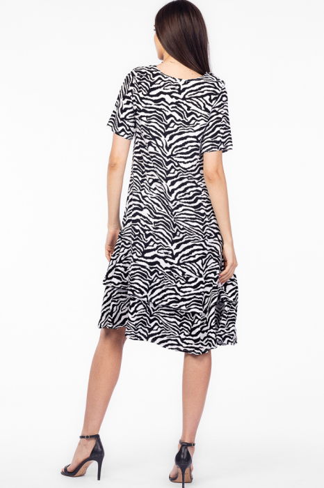 Rochie `A line` midi, din vascoza cu imprimeu animal print alb-negru si doua volane poale [3]