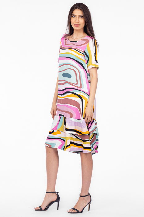 Rochie `A line` midi, din vascoza cu imprimeu geometric si doua volane poale [2]