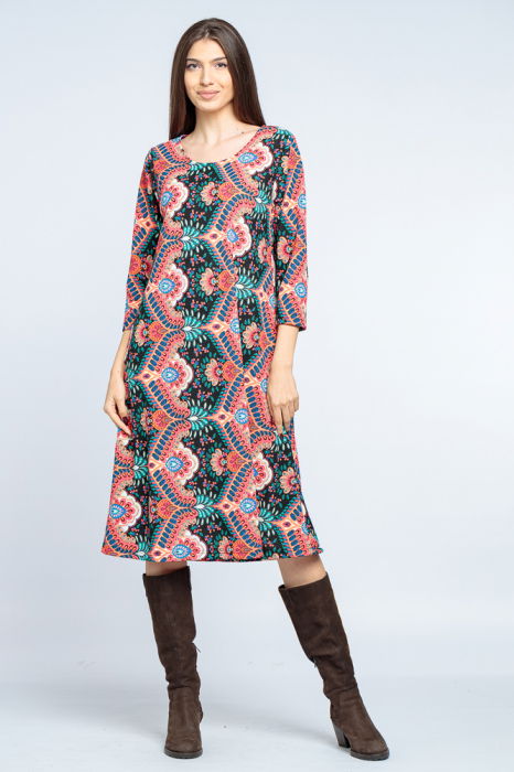 Rochie `A line` midi, imprimeu oriental roz pe fond negru [1]