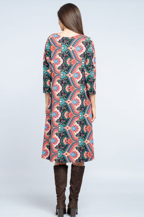 Rochie `A line` midi, imprimeu oriental roz pe fond negru [3]