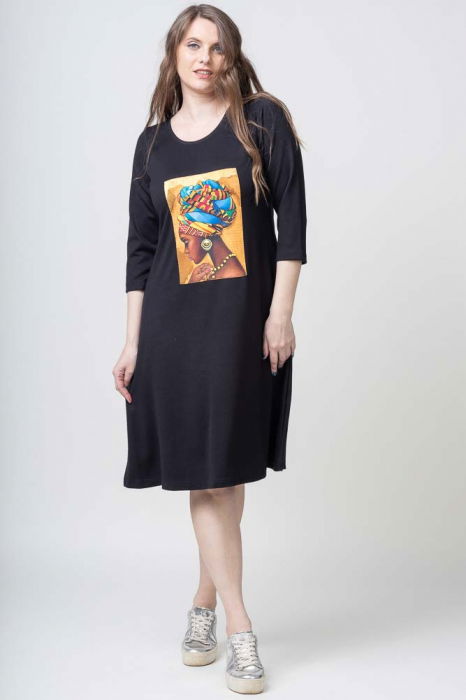 Rochie `A line` neagra din jerseu, cu panou "Fata Africana" [2]