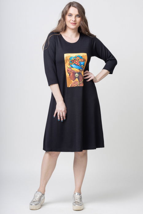 Rochie `A line` neagra din jerseu, cu panou "Fata Africana" [1]