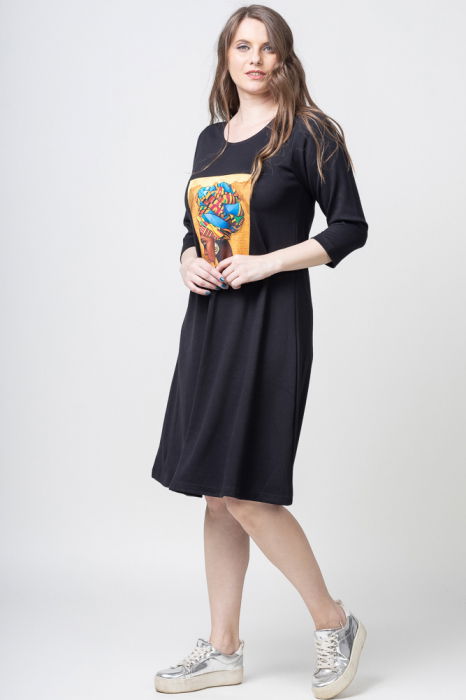 Rochie `A line` neagra din jerseu, cu panou "Fata Africana" [3]