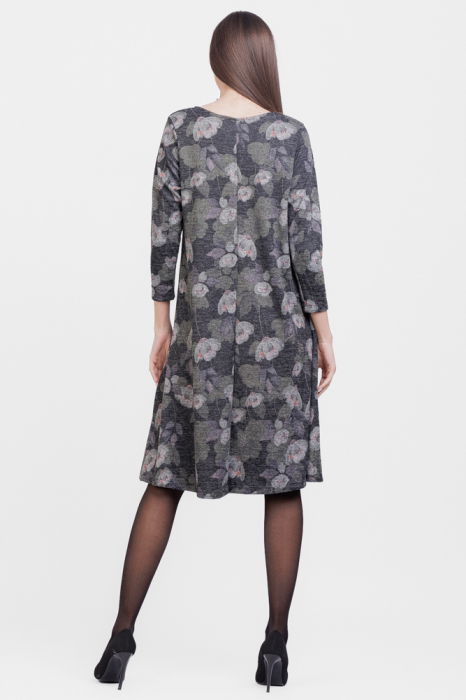 Rochie gri `A line` midi cu imprimeu flori albe, din jerseu de vascoza cu lurex [3]