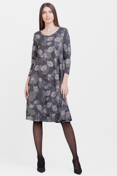 Rochie gri `A line` midi cu imprimeu flori albe, din jerseu de vascoza cu lurex [1]