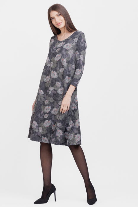 Rochie gri `A line` midi cu imprimeu flori albe, din jerseu de vascoza cu lurex [2]