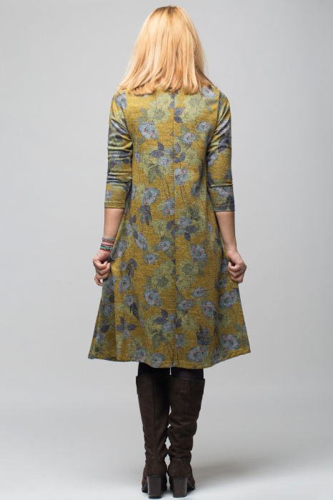 Rochie mustar `A line` midi, imprimeu flori albastrui, din jerseu de vascoza, cu lurex [3]