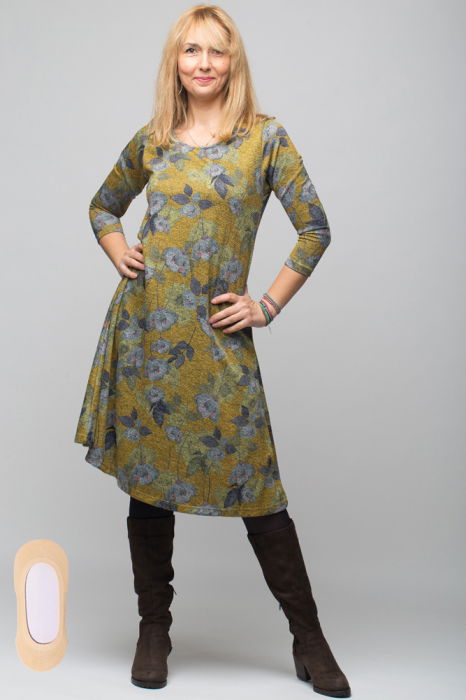 Rochie mustar `A line` midi, imprimeu flori albastrui, din jerseu de vascoza, cu lurex [4]