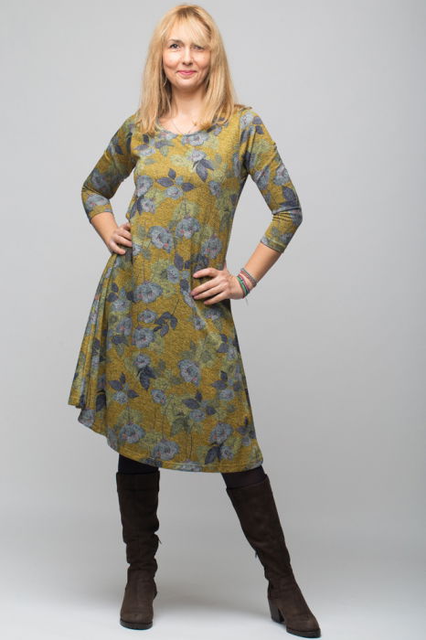 Rochie mustar `A line` midi, imprimeu flori albastrui, din jerseu de vascoza, cu lurex [1]