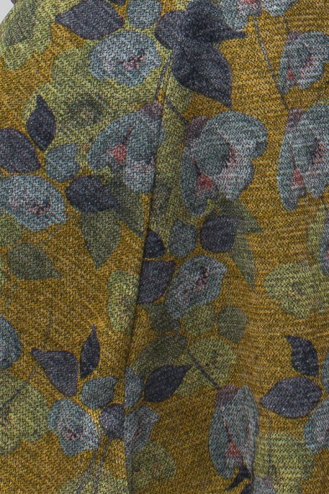 Rochie mustar `A line` midi, imprimeu flori albastrui, din jerseu de vascoza, cu lurex [7]