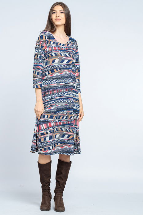Rochie `A line` midi, imprimeu geometric liniar albastru-rosu [1]