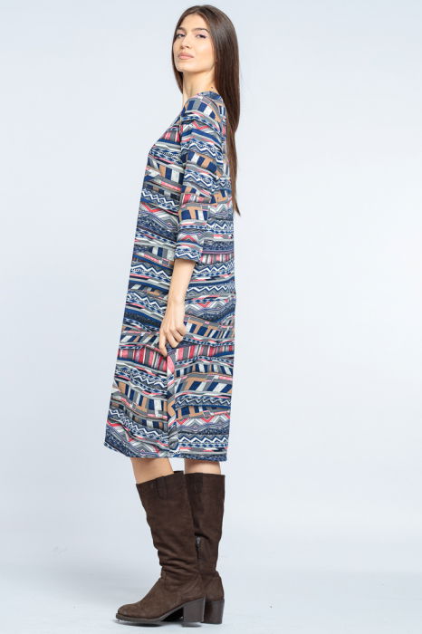 Rochie `A line` midi, imprimeu geometric liniar albastru-rosu [2]