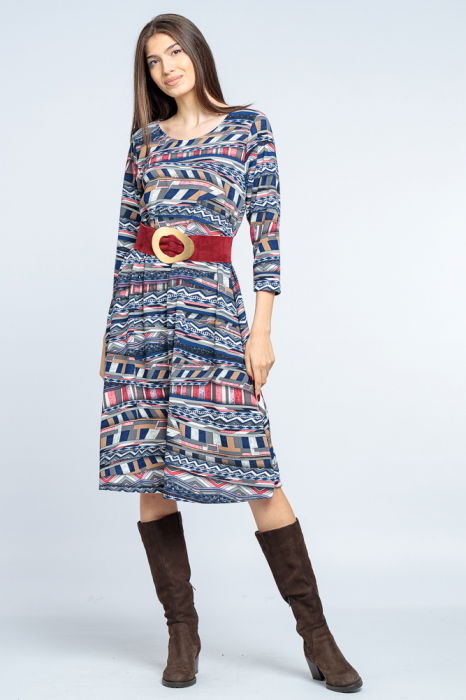 Rochie `A line` midi, imprimeu geometric liniar albastru-rosu [4]