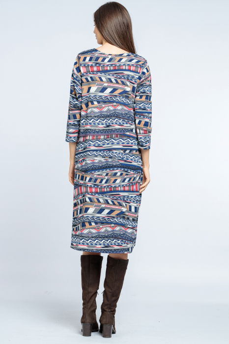 Rochie `A line` midi, imprimeu geometric liniar albastru-rosu [3]