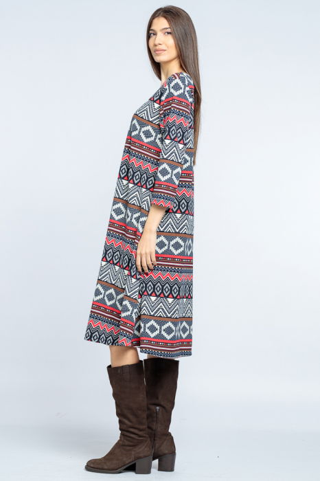 Rochie `A line` midi, imprimeu geometric bleumarin-rosu [2]