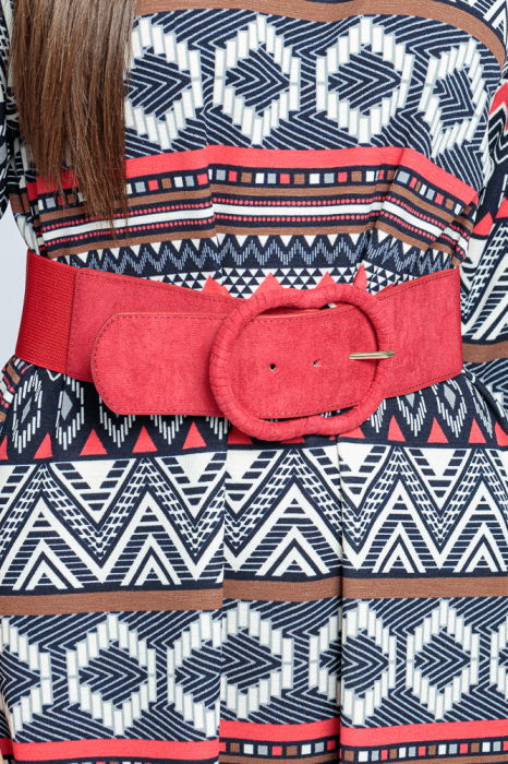 Rochie `A line` midi, imprimeu geometric bleumarin-rosu [4]