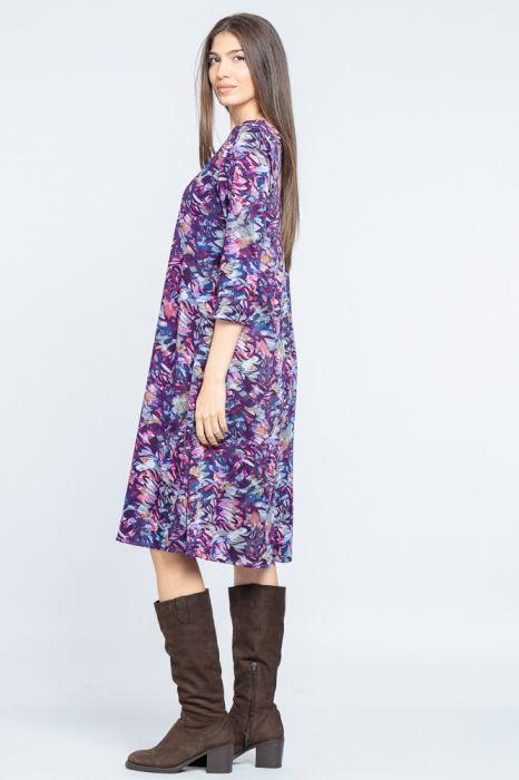 Rochie `A line` midi, imprimeu vegetal predominant mov [3]