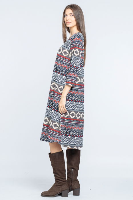 Rochie `A line` midi, imprimeu geometric bleumarin-bordo [2]