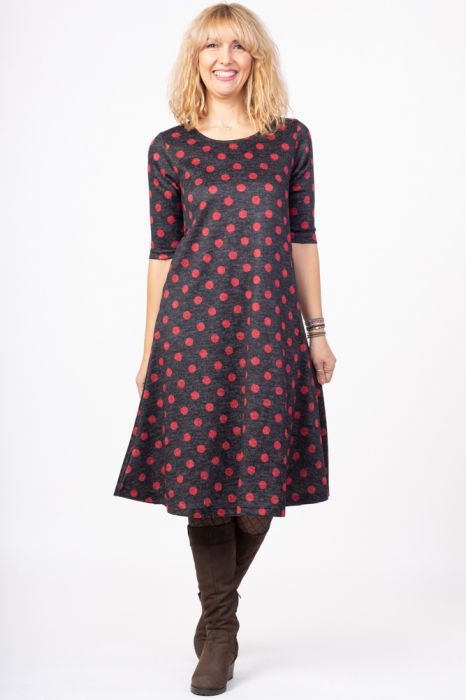 Rochie `A line` midi, imprimeu buline rosii pe fond negru [1]