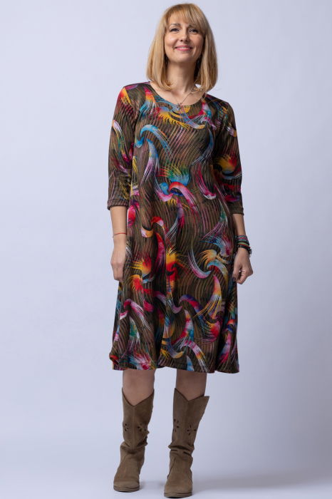 Rochie `A line` midi, imprimeu predominant in nuante de kaki-galben, din vascoza [1]