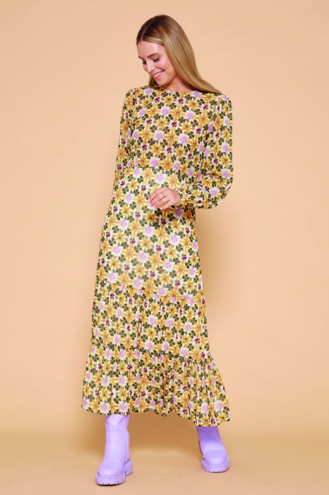 Rochie lunga cu imprimeu floral galben sofran-verde olive [1]