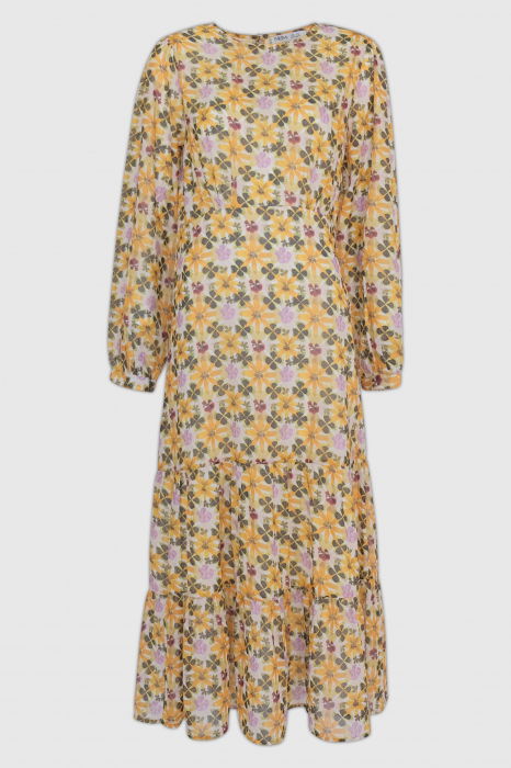 Rochie lunga cu imprimeu floral galben sofran-verde olive [4]