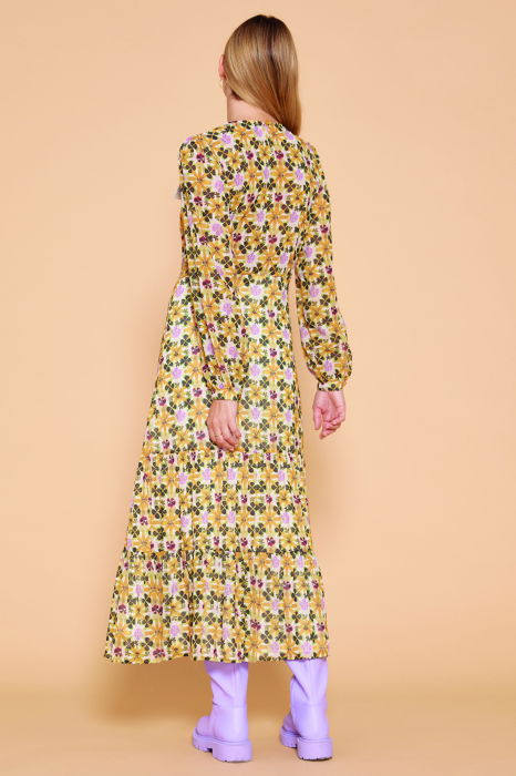 Rochie lunga cu imprimeu floral galben sofran-verde olive [2]