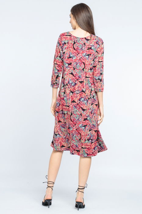 Rochie `A line` midi, imprimeu vegetal predominant rosu [3]