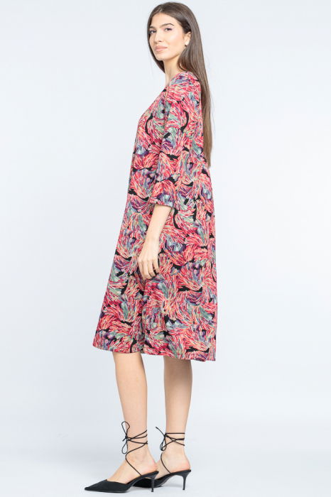 Rochie `A line` midi, imprimeu vegetal predominant rosu [2]