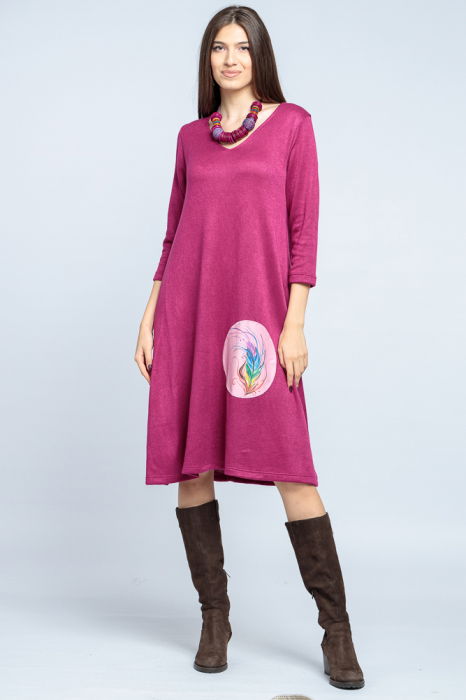 Rochie `A line` midi, din jerseu moale cu aplicatie pana, mov zmeura [1]