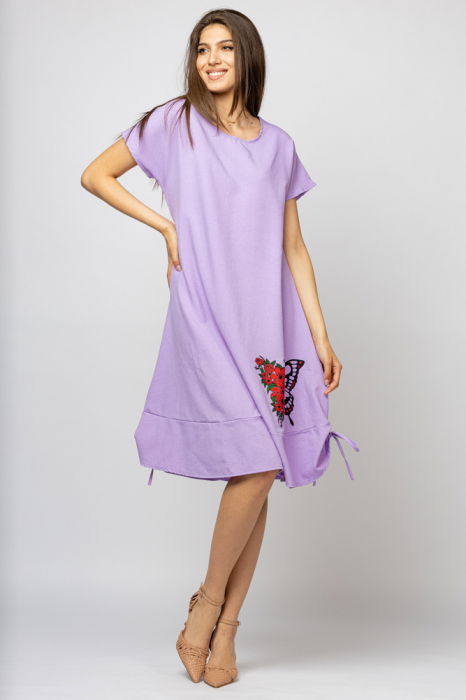 Rochie `A line` din in mercerizat, lila, cu sireturi laterale si imprimeu fluture cu flori [1]