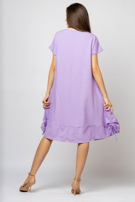 Rochie `A line` din in mercerizat, lila, cu sireturi laterale si imprimeu fluture cu flori [3]