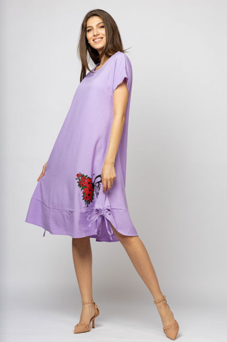 Rochie `A line` din in mercerizat, lila, cu sireturi laterale si imprimeu fluture cu flori [2]