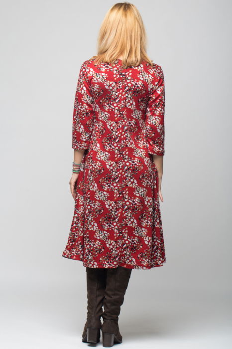 Rochie `A line` midi, rosie cu imprimeu puncte, din jerseu de vascoza [3]