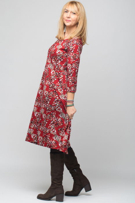 Rochie `A line` midi, rosie cu imprimeu puncte, din jerseu de vascoza [2]