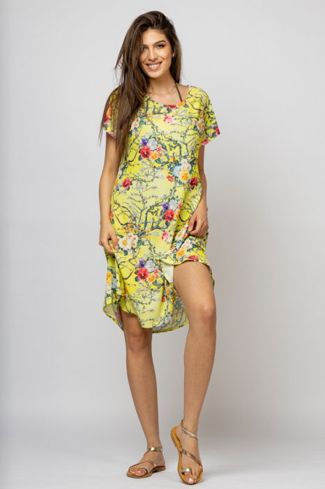 Rochie `A line` midi, silky, cu imprimeu floral pe fundal galben [2]