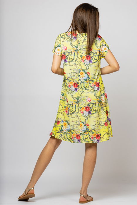 Rochie `A line` midi, silky, cu imprimeu floral pe fundal galben [3]