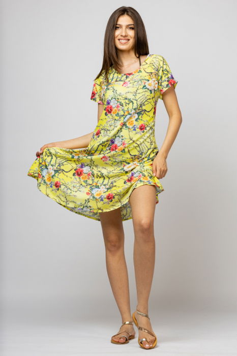 Rochie `A line` midi, silky, cu imprimeu floral pe fundal galben [1]