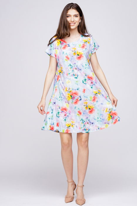 Rochie `A line` midi, silky, cu imprimeu floral pe fundal turcoaz [1]