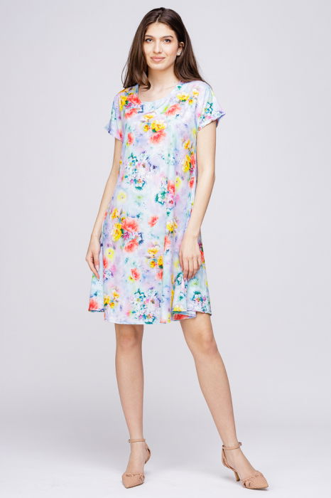 Rochie `A line` midi, silky, cu imprimeu floral pe fundal turcoaz [2]