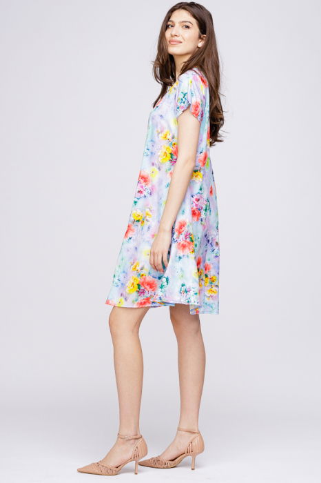 Rochie `A line` midi, silky, cu imprimeu floral pe fundal turcoaz [3]
