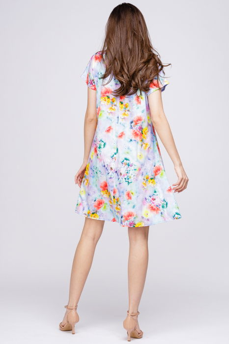 Rochie `A line` midi, silky, cu imprimeu floral pe fundal turcoaz [4]