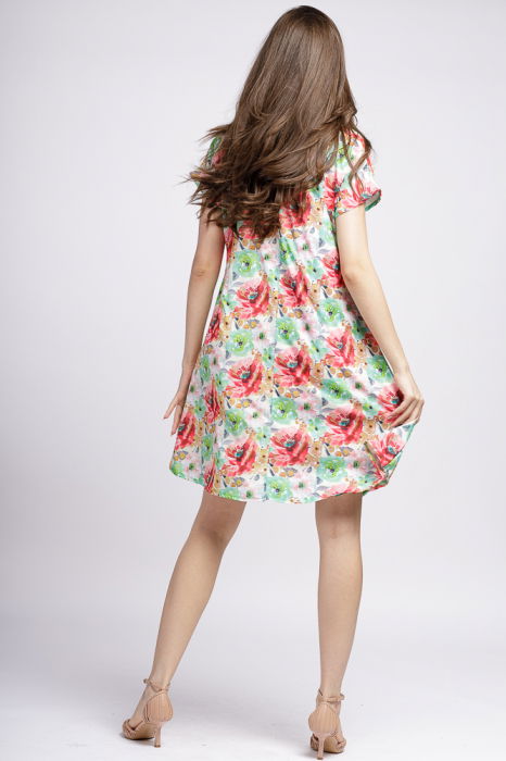 Rochie `A line` midi, silky, cu imprimeu floral rosu si verde [4]