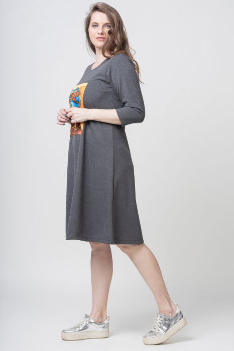 Rochie `A line` gri din jerseu, cu panou "Fata Africana" [3]