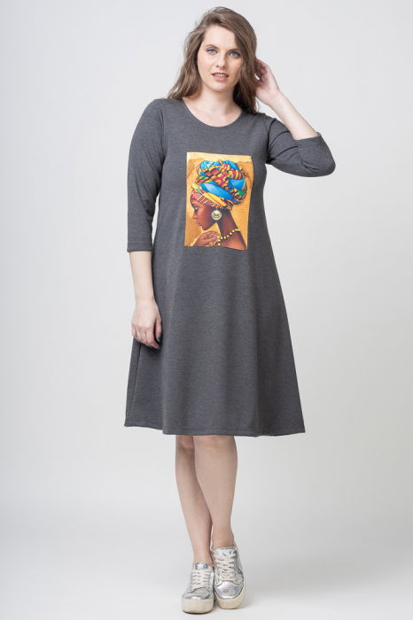 Rochie `A line` gri din jerseu, cu panou "Fata Africana" [2]